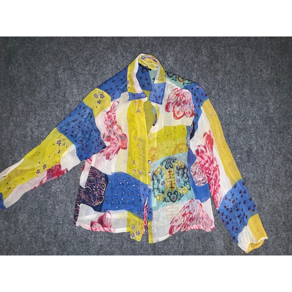 Boston Proper Sheer Patchwork Print Button Up Blouse Sequin Embellished Small